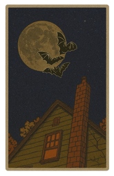 Halloween night rug with bats flying over full moon and haunted house.